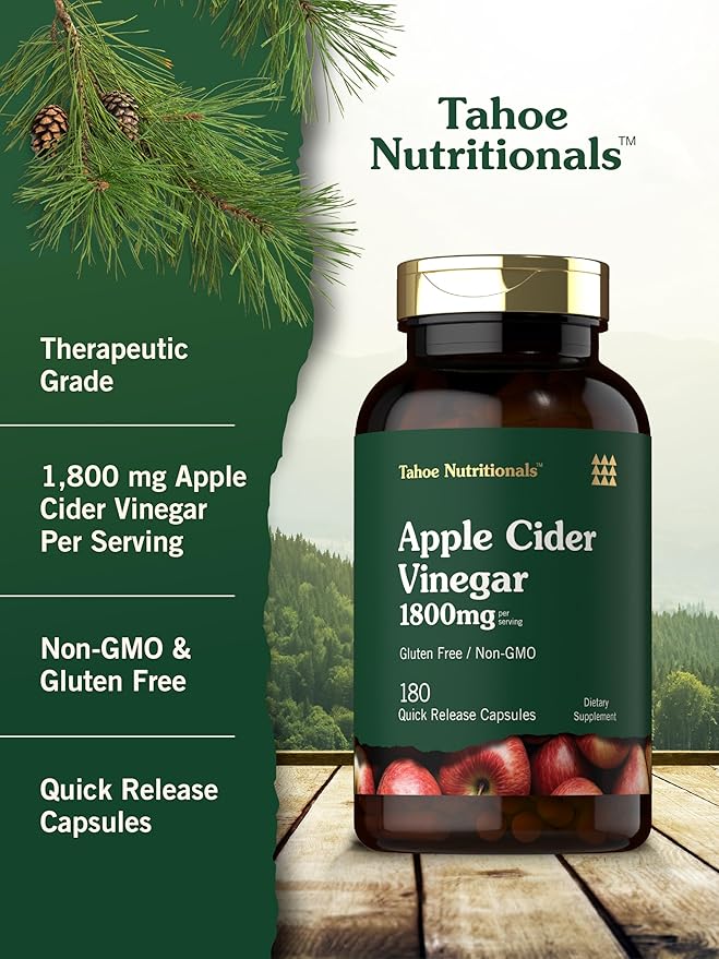 Tahoe Nutritionals Apple Cider Vinegar Capsules | 1800mg | 180 Count | Non-GMO, Gluten-Free Supplement