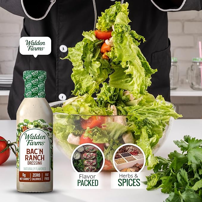 Walden Farms Bac’n Ranch Dressing – Low Carb, Calorie-Free, Gluten-Free, Keto-Friendly, Sugar-Free, Fat-Free, Dairy-Free Smoky Bacon Ranch Flavor – 2-Pack, 12 oz Bottles