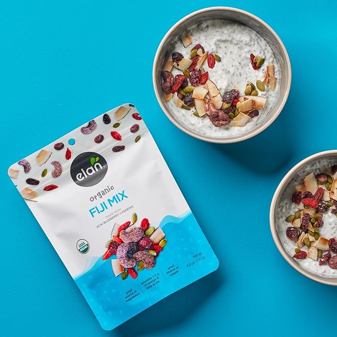 Elan Organic Fiji Mix, Non-GMO, Gluten-Free, Vegan, Kosher, Dried Fruits (Dried Goji Berries, Dried Cranberries), Superfood Infused Nuts (Blueberry Acai Cashews), Pumpkin Seeds, 8 pack of 4.8 oz