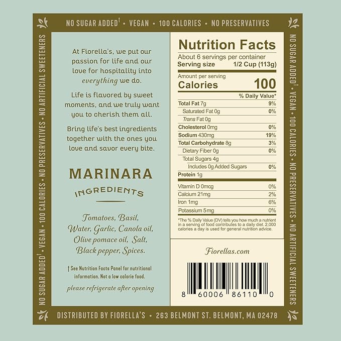 Fiorella's Marinara Pasta Sauce - Tomato Sauce Made with Fresh Ingredients - No Sugar Added, Vegan, Gluten Free, No Preservatives Added, Pasta Sauce, 25 Oz (Pack of 2)