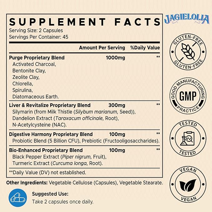 All-In-One Detox Binder Supplement 1500 MG - High Bioavailability, Liver Gut Detox Cleanse with Activated Charcoal, Zeolite & Bentonite Clay for Toxins, Liver, Digestive, 270 Vegan Capsules