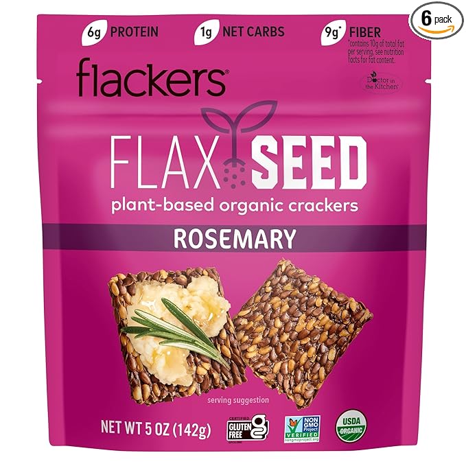 Flackers Organic Rosemary Flaxseed Crackers, 5 Ounce 6-Pack, Gluten Free, Non GMO, Vegan, Keto Snack, 9 Grams Fiber, 1 Net Carb