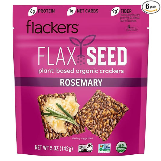 Flackers Organic Rosemary Flaxseed Crackers, 5 Ounce 6-Pack, Gluten Free, Non GMO, Vegan, Keto Snack, 9 Grams Fiber, 1 Net Carb