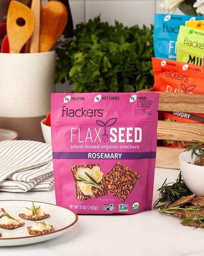 Flackers Organic Rosemary Flaxseed Crackers, 5 Ounce 1-Pack, Gluten Free, Non GMO, Vegan, Keto Snack, 9 Grams Fiber, 1 Net Carb
