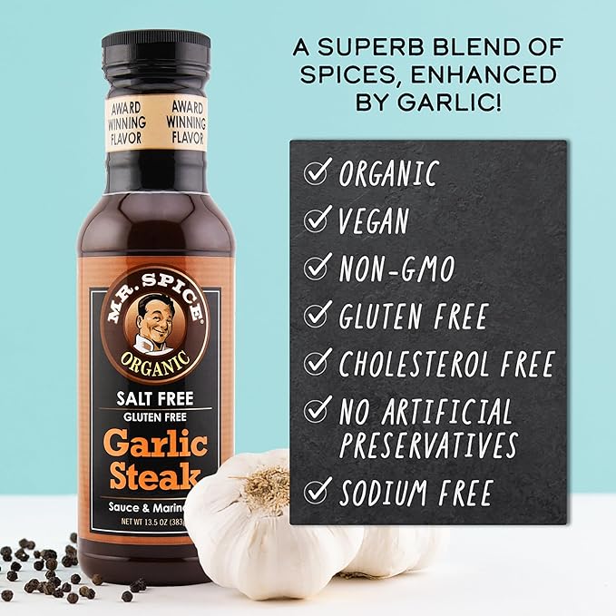 Mr. Spice Salt Free Award-Winning Taste Garlic Steak Sauce | Low Sodium | Organic | No Salt Steak Marinade | Gluten Free | Low Calorie Garlic Sauce | 13.5 Ounce (Pack of 1)