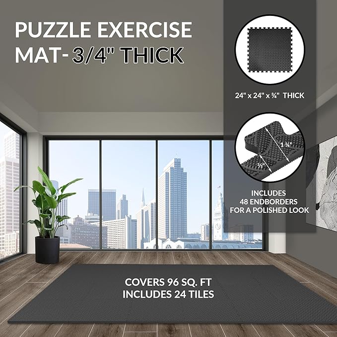 Puzzle Exercise Gym Flooring Mat, 3/4" Thick High-Density EVA Interlocking Tiles, Workout Mat for Home Gym, Fitness Equipment, MMA, Gymnastics, 24-Piece Shock-Absorbing Exercise Mat (96 Sq Ft)