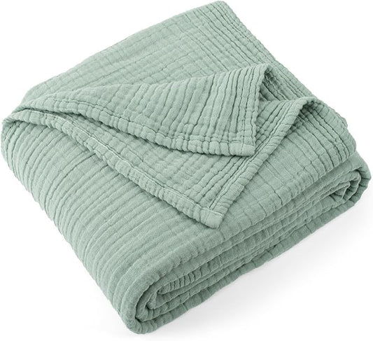 Carriediosa 100% Cotton Muslin Throw Blanket 108" X 90" King Size，4-Layers Summer Gauze Throws for Bed Couch，Soft Lightweight Breathable Linen Blankets Bedspread for Adults All Season，Sage Green