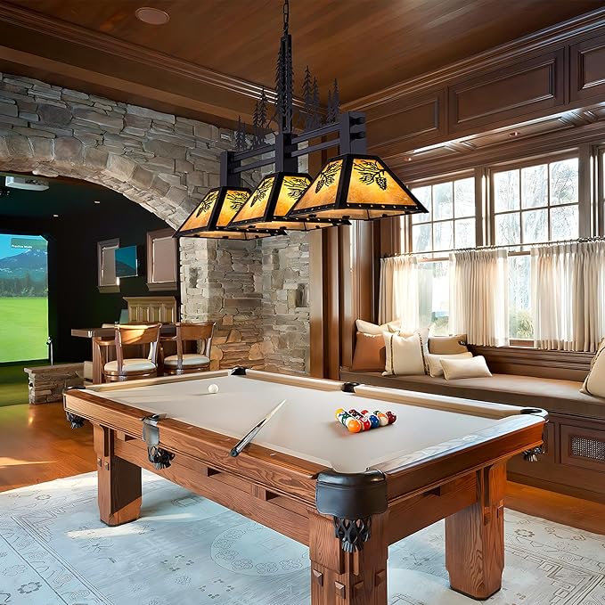 TOCHIC 3-Light Pool Table Light for 7' 8' 9' Table, 48" Rustic Tiffany Billiard Pool Table Lights, Farmhouse Chandelier for Dining Room Hanging Ceiling Light Fixture for Game Room Basement Bar