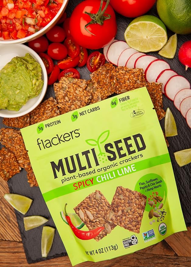 Flackers Organic Spicy Chili Lime Multi-Seed Crackers, 4 Ounce 1-Pack, Gluten Free, Non GMO, Vegan, Keto Snack, 8g Fiber, 3g Net Carbs