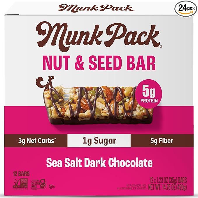 Munk Pack Nut & Seed Snack Bars - 5g Protein, 1g Sugar, 3g Net Carbs, Low Sugar, Keto, and Gluten Free Snack for Adults and Kids, Sea Salt Dark Chocolate – 4.92 oz, 24 Pack