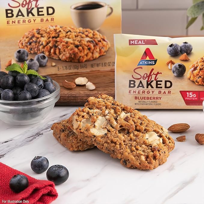 Atkins Blueberry Flavored Soft Baked Energy Bars, High in Protein Snack Bar, Low Sugar, High Fiber Snack, Protein Snack, 4 Packs (4 Bars Each)