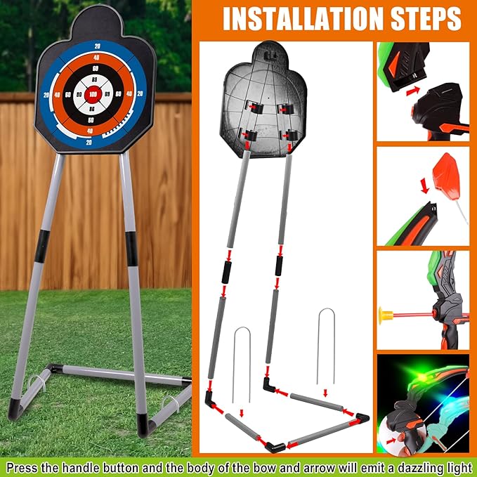 2 Pack Bow and Arrow for Kids Sports and Outdoor Play Toys Archery Set with LED Light Up 16 Arrows 1 Standing Target 2 Quiver Indoor Outdoors Toy for Age 4-12 Year Old Boy Girl Gift