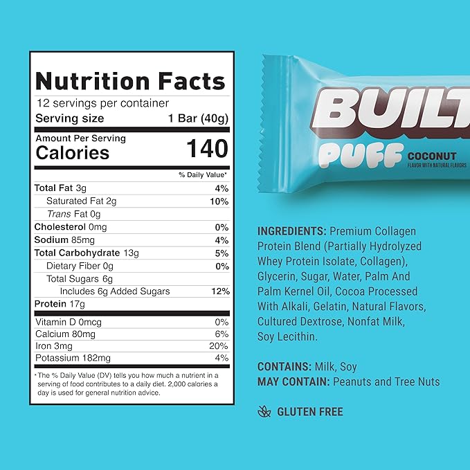 Built Bar, Puff Protein Bars, Coconut Puff, 17g Protein Snacks, On-The-Go Bars, Only 140 Calories, 6g Sugar, Collagen, Gluten Free, 12 Count