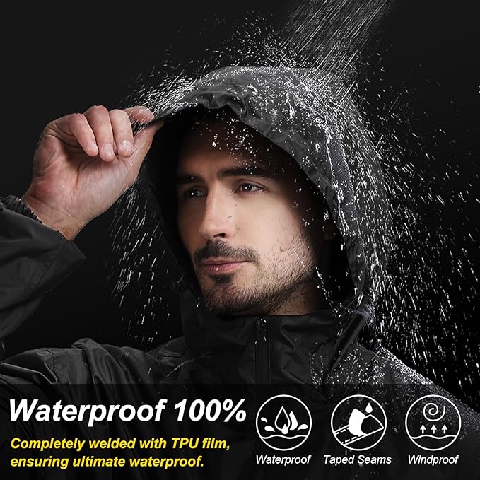Men's Packable Rain Jacket Waterproof Outdoor Classic Lightweight Raincoat Hooded Windbreaker