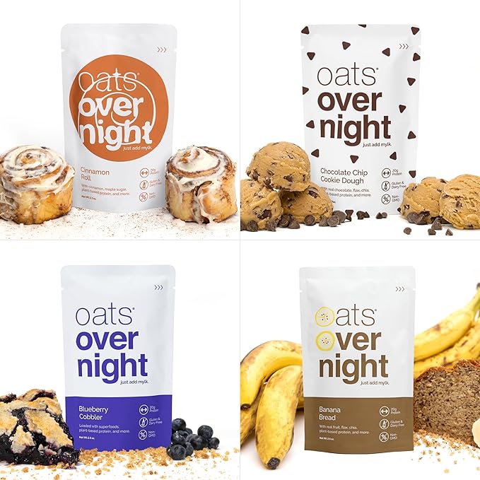 Oats Overnight Vegan Variety Pack - High Protein, High Fiber Breakfast Protein Shake - Gluten Free Oatmeal, Non GMO Protein Oatmeal - Banana Bread, Blueberry Cobbler & More (8 Pack + Shaker Bottle)
