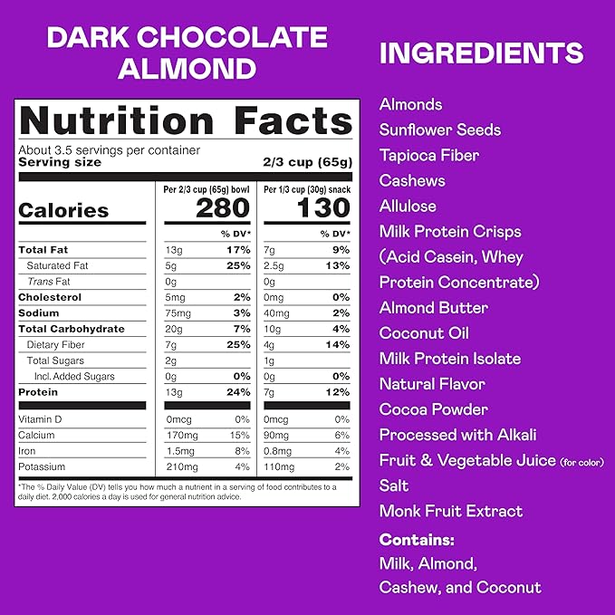 Magic Spoon Protein Granola - High Protein Granola, Keto Friendly, Low Sugar, Grain Free, Healthy Breakfast or Quick Snack (3 bags of Dark Chocolate Almond)