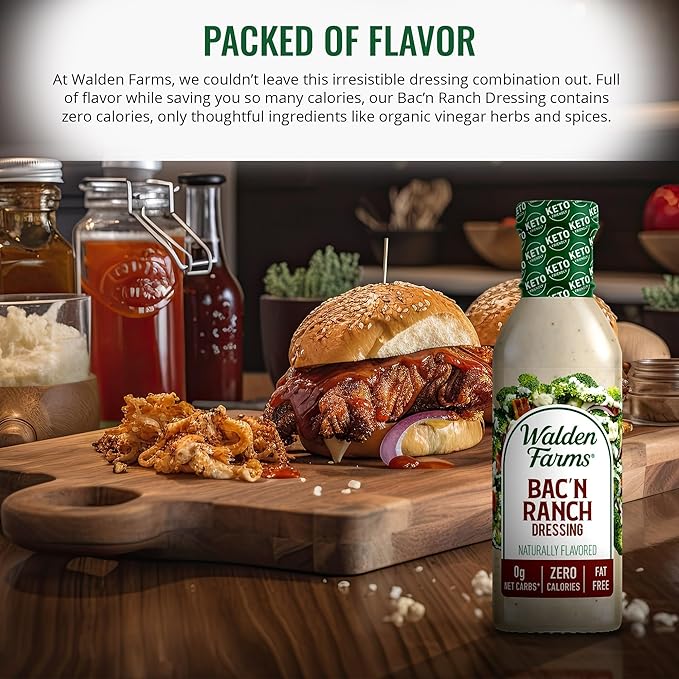 Walden Farms Bac’n Ranch Dressing – Low Carb, Calorie-Free, Gluten-Free, Keto-Friendly, Sugar-Free, Fat-Free, Dairy-Free Smoky Bacon Ranch Flavor – 2-Pack, 12 oz Bottles