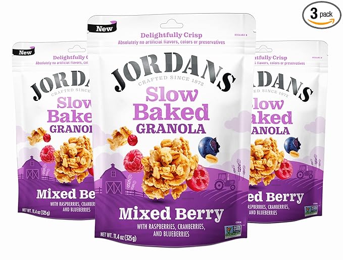 Jordans Slow Baked Granola | Mixed Berry Granola with Raspberries, Blueberries and Cranberries | non-GMO, No Artificial Flavors, Colors, or Preservatives | Better for You Snacks for Adults & Kids | 11.4 oz (Pack of 3)