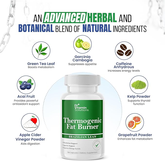 DR VITAMIN SOLUTIONS Thermogenic Fat Burner Brazilian Lean, Weight Loss Vitamins, Waist Trimmer & Supplements for Bloating (1 Bottle, 120 Capsules)