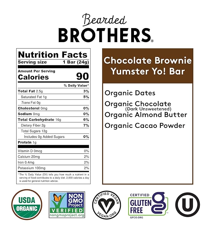 Yo! Bar by Bearded Brothers Vegan Organic Kids Bar, Chocolate (25 Bars) - Gluten Free, Paleo and Whole 30 | Soy Free, Non-GMO, Low Glycemic, No Sugar Added, Fiber + Whole Foods