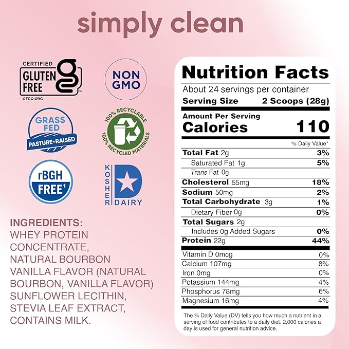 Simply Tera's Pure Whey Protein Powder - Vanilla Whey Protein Powder, Clean & Grass Fed Protein Powder, No Artificial Sweeteners, Non-GMO, Kosher, rBGH-Free, Soy-Free - Bourbon Vanilla, 24 oz