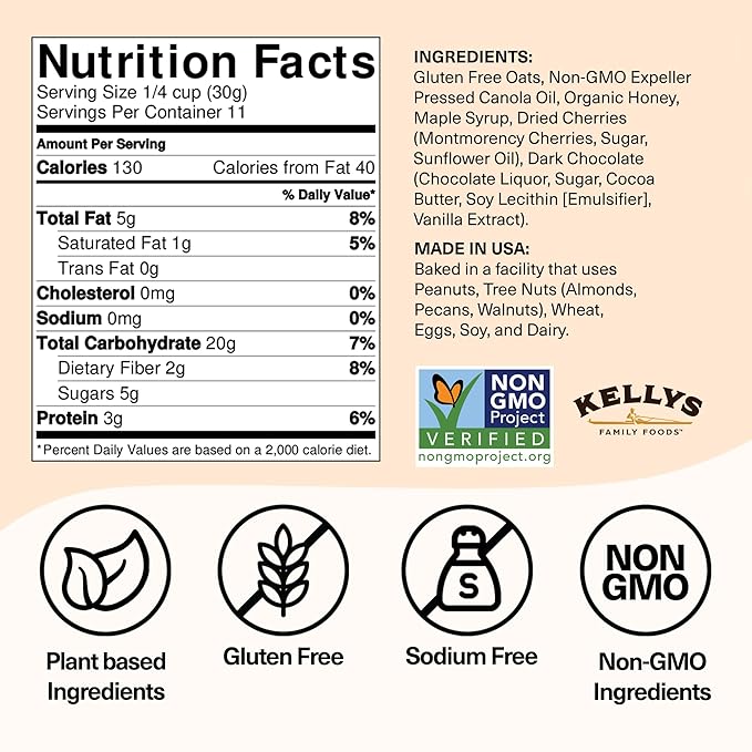 Kelly's Four Plus (Cherry Chocolate) Granola Cereal with Whole Grain Oats, Honey, Maple Syrup - Non-GMO, Low Sugar, Sodium Free and Gluten Free Granola for Yogurt - 12oz