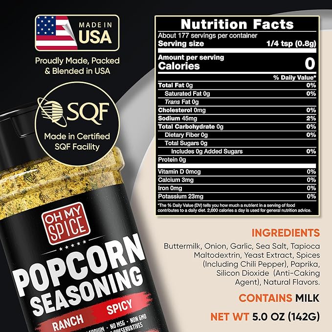 Popcorn Seasoning Spicy Ranch Seasoning Powder Mix - Gluten Free & Low Sodium Popcorn Flavoring Seasonings Dry Hot Ranch Powder Flavor. Healthy Spices Pop Corn Toppings. Pop Corn Salt Seasonings. 5oz