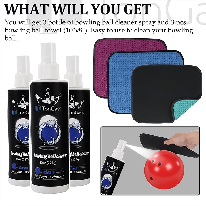 TonGass (3+3 Pack Bowling Ball Cleaner Spray Kit with Bowling Towel (Multicolor) Portable Bowling Cleaner Set Bowling Accessories Oil Scuff Mark Cleaner Restores Tack and Prolongs Lifespan of Ball