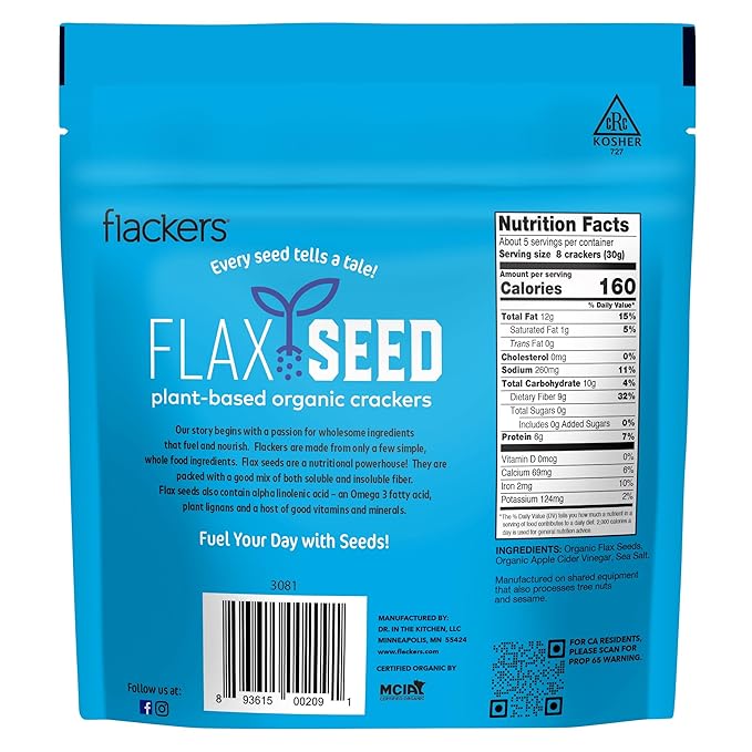 Flackers Organic Sea Salt Flaxseed Crackers, 5 Ounce 1-Pack, Gluten Free, Non GMO, Vegan, Keto Snack, 9g Fiber, 1g Net Carb