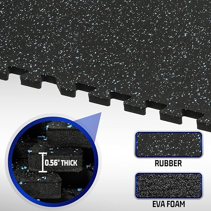 SUPERJARE 0.56'' Thick 6 Pcs 24 Sq Ft Rubber Top Exercise Equipment Mats, High Density EVA Foam Mats with Rubber Top, Interlocking Gym Flooring for Home Gym, Protective Workout Mat, Black/Blue