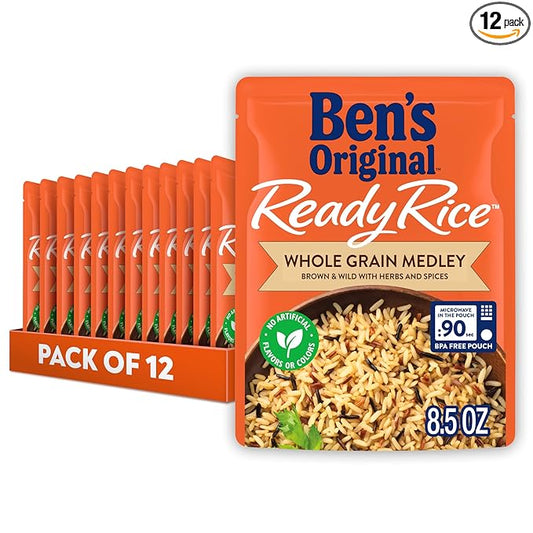 BEN'S ORIGINAL Ready Rice Whole Grain Medley Flavored Rice, Easy Dinner Side, 8.5 Oz Pouch (Pack of 12)