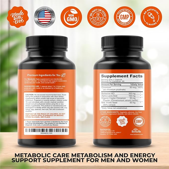 Berberine Supplement with Ceylon Cinnamon, Chromium, Alpha Lipoic Acid, Metabolic Care Supports Metabolism & Cardiovascular Health and Immune System, Helps Maintain Steady Energy Levels