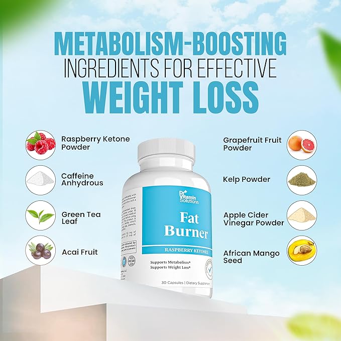 DR VITAMIN SOLUTIONS Fat Burner for Women with GLP-1 Support - Weight Loss Supplements with Raspberry Ketone Powder, Green Tea, Kelp - Natural Weight Loss Pills for Women & Men - 30 Diet Pills