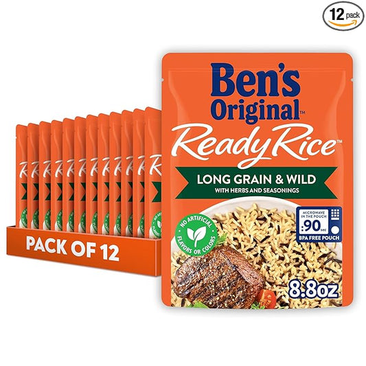 BEN'S ORIGINAL Ready Rice Long Grain and Wild Flavored Rice, Easy Dinner Side, 8.8 oz Pouch (Pack of 12)