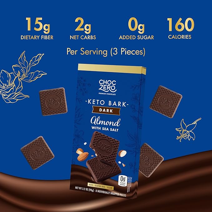 ChocZero Keto Bark, Dark Chocolate Almonds with Sea Salt, Sugar Free, Low Carb, No Sugar Alcohols, No Artificial Sweeteners, All Natural, Non-GMO, 3.2 Ounce (Pack of 4)