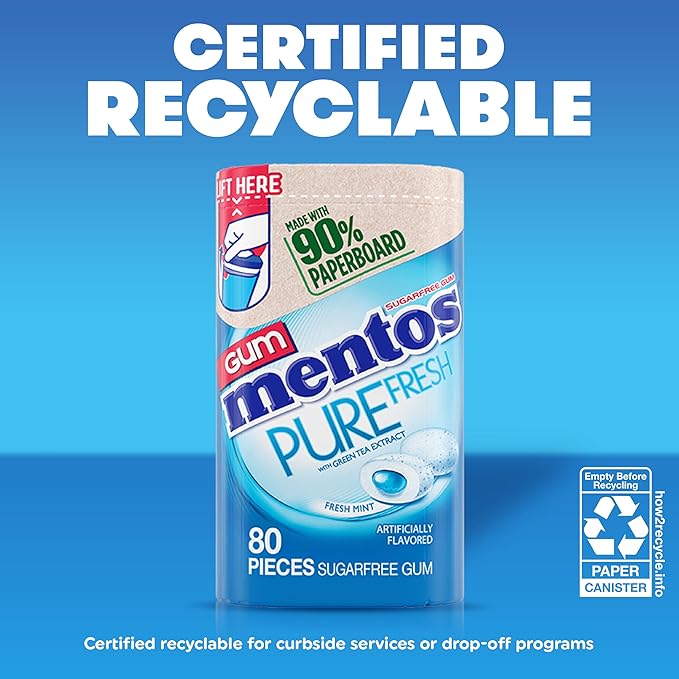 Mentos Pure Fresh Chewing Gum, Sugar-Free, Xylitol, Fresh Mint, 80 Piece Bottle, recyclable 90% Paperboard Bottle, 80 Count (Pack of 4)