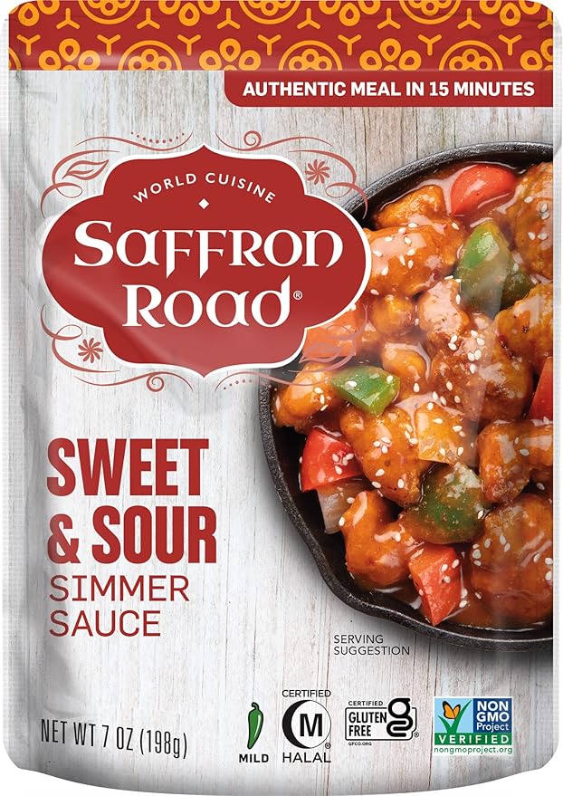 Saffron Road Sweet and Sour Simmer Sauce | Globally Inspired Simmer Sauce | Gluten-free, Vegan, Non-GMO, and Certified Halal and Kosher | 7.0oz Pouch | Pack of 4