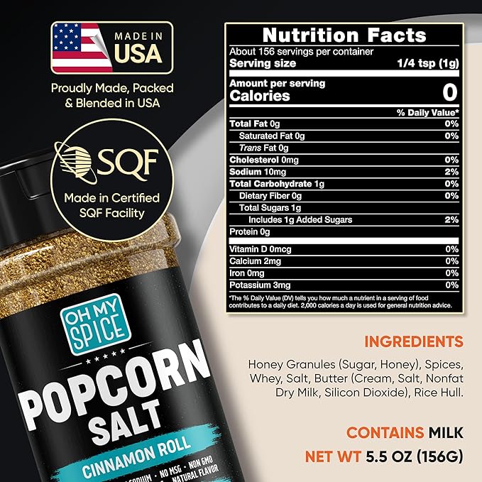Popcorn Salt Cinnamon Roll Powder Mix - Gluten Free & Low Sodium Buttery Cinnamon Powder Popcorn Salt Seasoning. Sweet Cinammon Sugar Pop Corn Flavoring Seasoning Blend. Pop Corn Salts Topping. 5.5oz