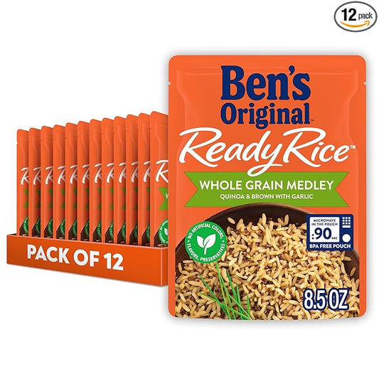 BEN'S ORIGINAL Ready Rice Whole Grain Medley Quinoa and Brown Flavored Rice, Easy Dinner Side, 8.5 oz Pouch (Pack of 12)