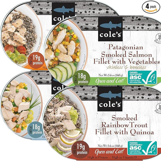 COLE’S Open & Eat Meals Variety Pack | 5.6 oz Hand-Packed Smoked Salmon & Trout with Quinoa & Vegetables | Ready to Eat Meals | High Protein, 4 Cans