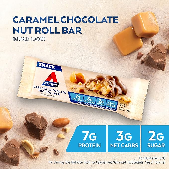 Atkins Caramel Chocolate Nut Roll Snack Bar, Protein Snack , 7g Protein, 2g Sugar, Rich in Fiber, 16 Count