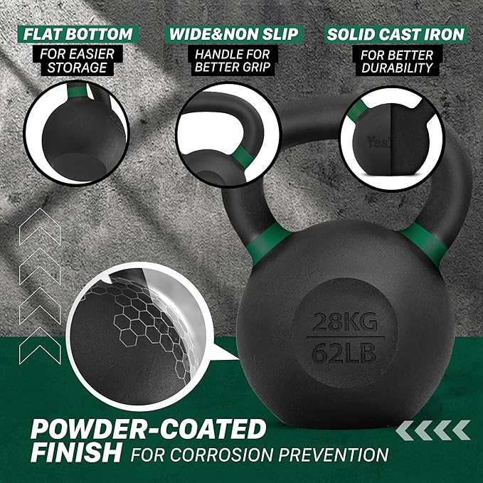 Yes4All Powder Coated Cast Iron Kettlebell Strength Training Kettlebells Weight Set for Full Body Workout, Home Gym