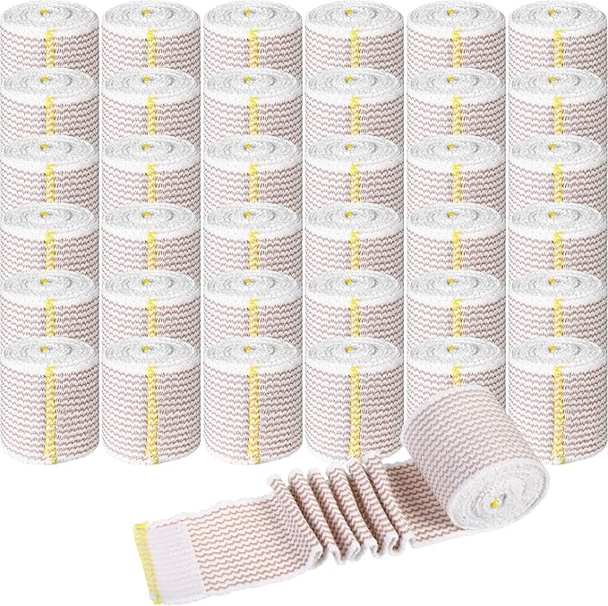 LEIFIDE 36 Pack Compression Bandage Wrap with Self Closure on Both Ends Elastic Bandage for Legs, Knees, Ankles, Wrists, Elbows, Shoulders, Athletic Stretchable Wrap(2 Inch,Yellow Trim)