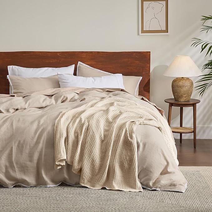 Bedsure 100% Cotton Blanket King Size for Bed - Breathable and Soft, Waffle Weave Blanket for Summer, Thick Cozy Fall Blankets for Women Gift, Yellowish Cream, 104x90 inches