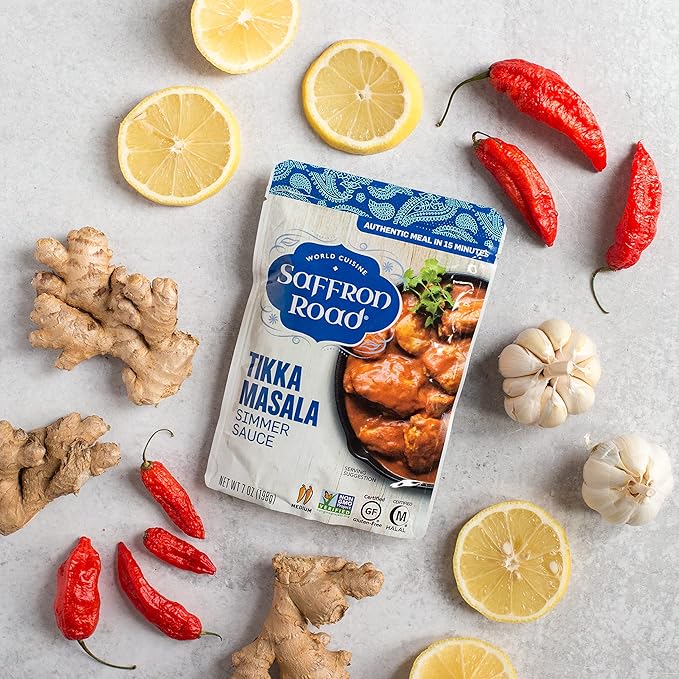 Saffron Road Tikka Masala Simmer Sauce | Globally Inspired Simmer Sauce | Gluten-free, Vegetarian, Non-GMO, and Certified Halal and Kosher | 7.0oz Pouch | Pack of 4