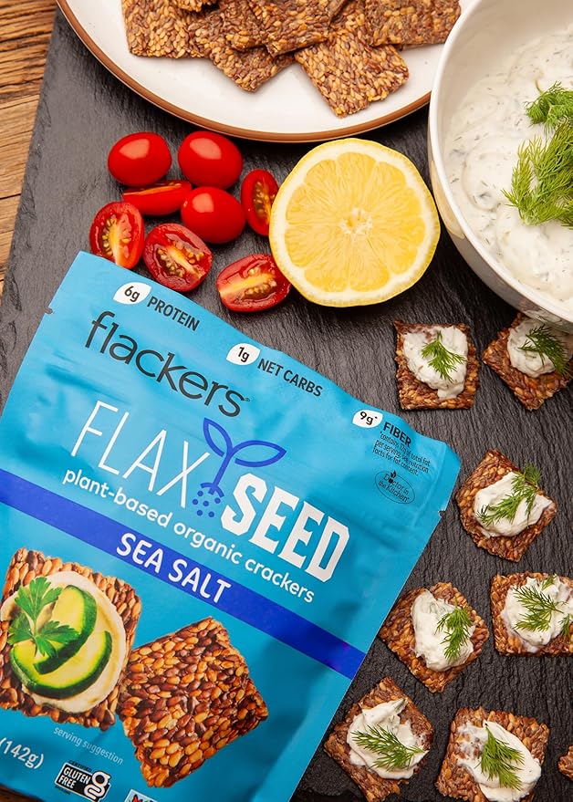 Flackers Organic Sea Salt Flaxseed Crackers, 5 Ounce 12-Pack, Gluten Free, Non GMO, Vegan, Keto Snack, 9g Fiber, 1g Net Carb