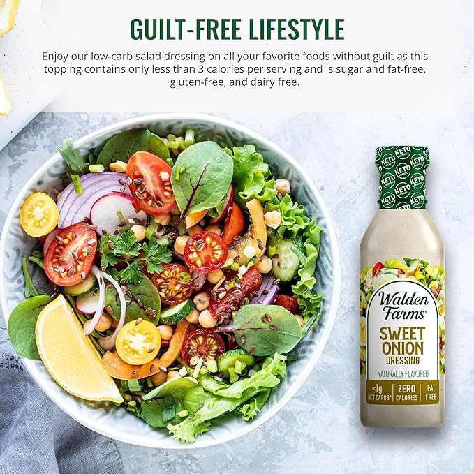 Walden Farms Sweet Onion Dressing - Low Carb, Calorie-Free, Gluten-Free, Keto-Friendly, Sugar-Free, Fat-Free, Dairy-Free Sweet Onion Flavor - 2-Pack, 12 oz Bottles