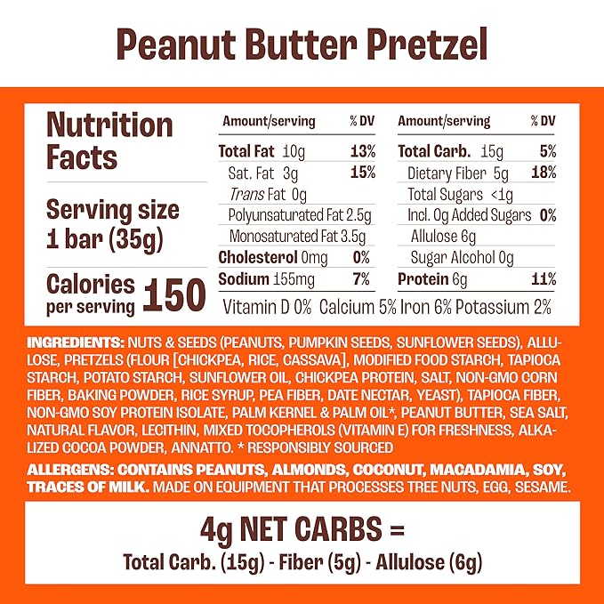 Munk Pack Nut & Seed Snack Bar - 6g Protein, 1g Sugar, 3g Net Carbs, Low Sugar, Keto, and Gluten Free Snack for Adults and Kids, Peanut Butter Pretzel – 4.92 oz, 12 Pack