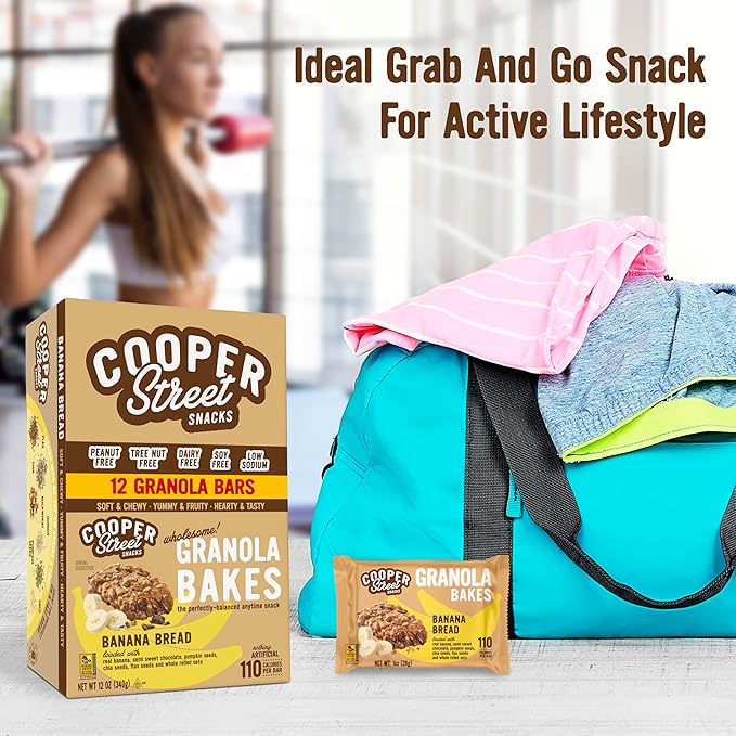 Cooper Street Banana Bread Granola Bakes (12 pack) - Individually Wrapped Soft and Chewy Breakfast Granola Bars - Nut, Dairy & Soy Free - Great As Kids Snacks For School, Hiking Or Work