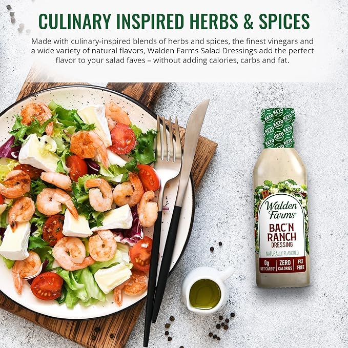 Walden Farms Bac’n Ranch Dressing – Low Carb, Calorie-Free, Gluten-Free, Keto-Friendly, Sugar-Free, Fat-Free, Dairy-Free Smoky Bacon Ranch Flavor – 2-Pack, 12 oz Bottles